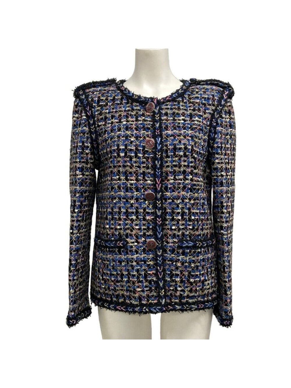 Chanel Jacket S Blue Black White Tweed Collarless Fall Winter Cotton 36